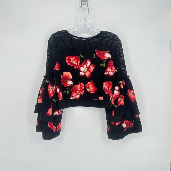 Impulse Black Red Floral Mesh Ruffle Sleeve Cropped Top Medium - Picture 16 of 16